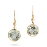 A PAIR OF PRASIOLITE DROP EARRINGS in 18ct yellow gold, each suspending an octagonal step cut pra...