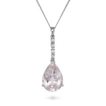 A KUNZITE AND DIAMOND PENDANT NECKLACE in 18ct white gold and silver, the pendant set with a row ...