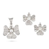 A DIAMOND AND PEARL CLOVER EARRINGS AND PENDANT SUITE in white gold, the earrings designed as a c...