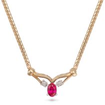 A SYNTHETIC RUBY AND DIAMOND PENDANT NECKLACE in 9ct yellow gold, the pendant set with an oval cu...