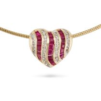 A RUBY AND DIAMOND HEART PENDANT NECKLACE in yellow gold, the pendant designed as a heart set wit...