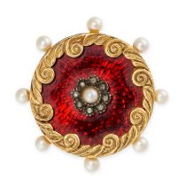 NO RESERVE - A VINTAGE PEARL, ENAMEL AND DIAMOND BROOCH in 18ct yellow gold, the circular brooch ...