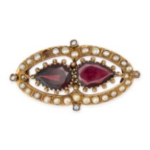 NO RESERVE - AN ANTIQUE GARNET AND PEARL BROOCH in yellow gold, set with two pear cut garnets in ...