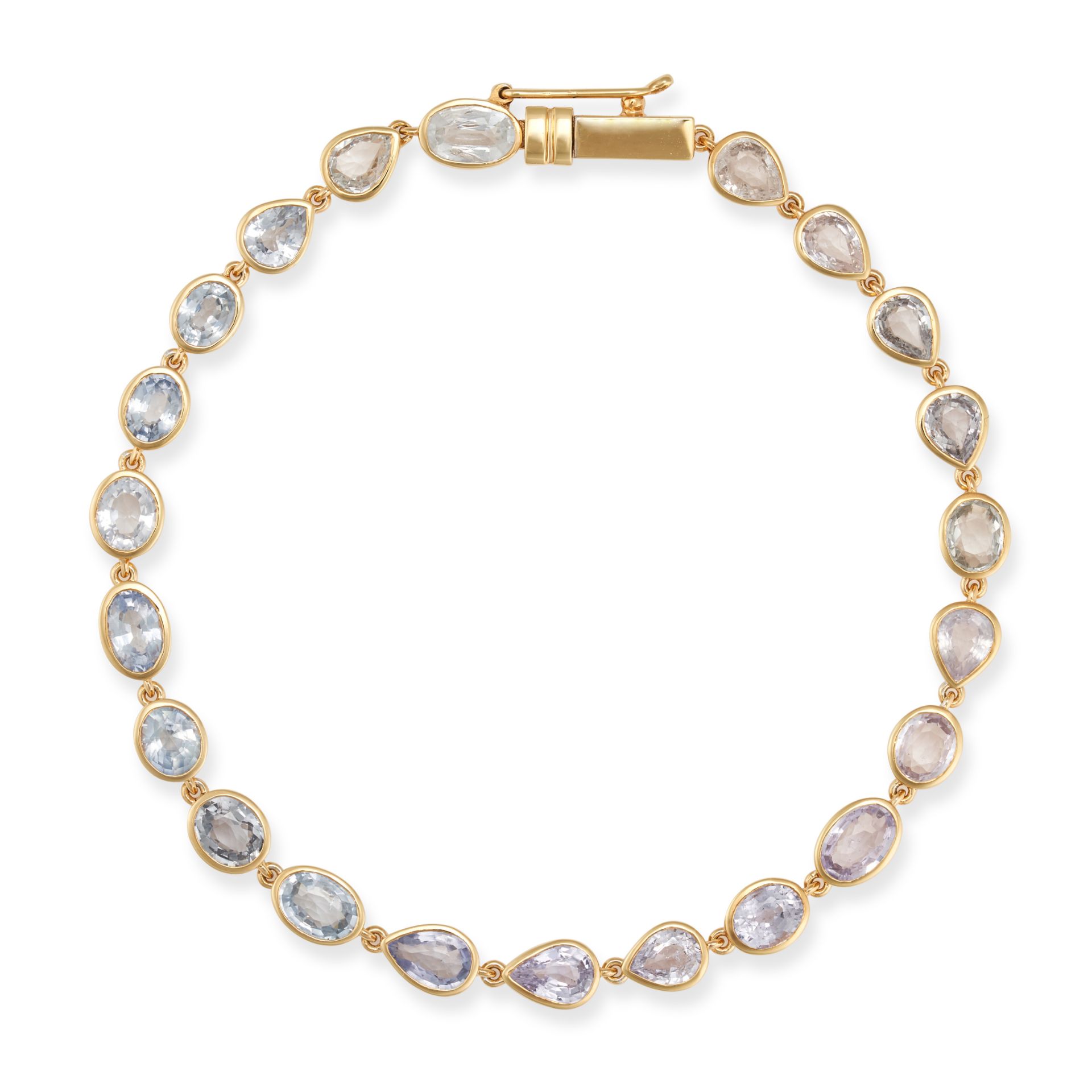 A SAPPHIRE BRACELET in 18ct yellow gold, set with a row of oval and pear cut sapphires all totall...