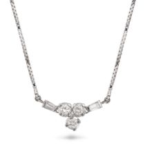 A DIAMOND PENDANT NECKLACE in 8ct white gold, set with round brilliant and baguette cut diamonds,...