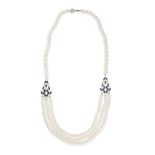 A THREE ROW PEARL, SYNTHETIC SAPPHIRE AND CUBIC ZIRCONIA in silver, comprising three rows of pear...