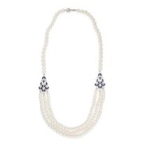 A THREE ROW PEARL, SYNTHETIC SAPPHIRE AND CUBIC ZIRCONIA in silver, comprising three rows of pear...