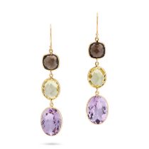 A PAIR OF SMOKEY QUARTZ, LEMON QUARTZ AND AMETHYST DROP EARRINGS in 18ct yellow gold, each set wi...