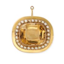NO RESERVE - AN ANTIQUE CITRINE AND PEARL BROOCH set with a cushion cut citrine in a border of pe...