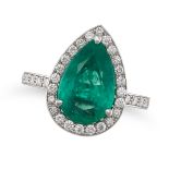 AN EMERALD AND DIAMOND HALO RING in white gold, set with a pear cut emerald of 3.97 carats in a b...