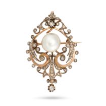 AN ANTIQUE VICTORIAN PEARL AND DIAMOND BROOCH / PENDANT in yellow gold and silver, the openwork b...