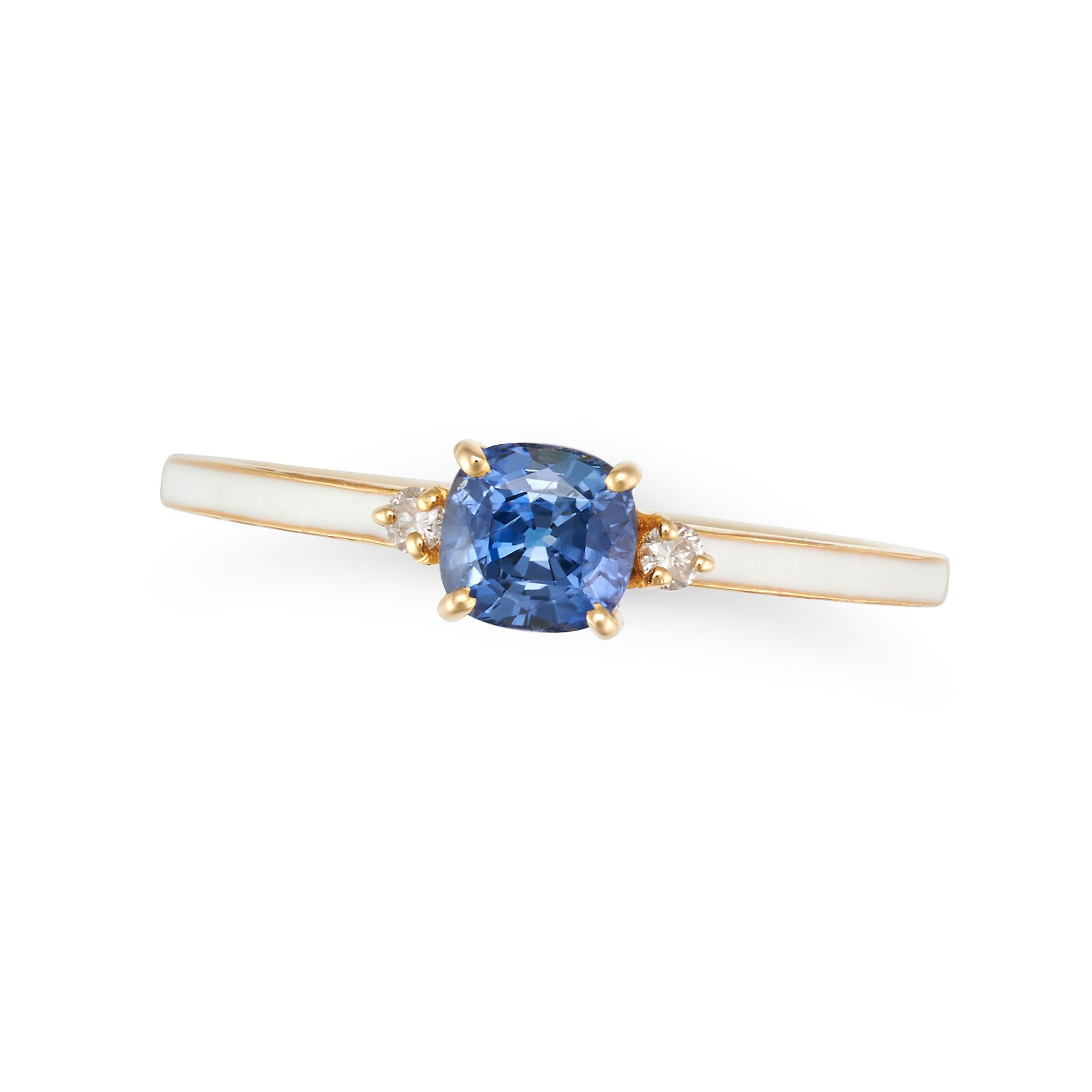 A SAPPHIRE, DIAMOND AND ENAMEL RING in 18ct yellow gold, set with a cushion cut sapphire between ...