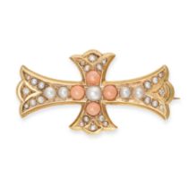 AN ANTIQUE CORAL, PEARL AND DIAMOND CROSS BROOCH in 18ct yellow gold, designed as a cross set wit...