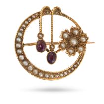 NO RESERVE - AN ANTIQUE PEARL AND AMETHYST CRESCENT MOON BROOCH in 15ct yellow gold, designed as ...