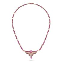 AN ANTIQUE PEARL AND RUBY NECKLACE comprising links set with round cut rubies accented by pearls,...