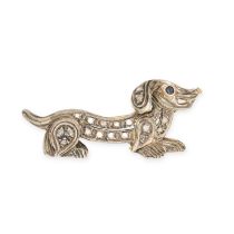 A SAPPHIRE AND DIAMOND DACHSHUND BROOCH in yellow gold and silver, designed as a dachshund dog se...