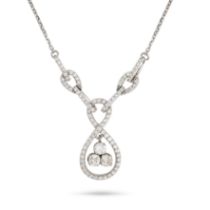 A DIAMOND PENDANT NECKLACE in 18ct white gold, the scrolling necklace set with round brilliant cu...