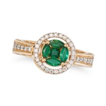 AN EMERALD AND DIAMOND RING / PENDANT in 18ct yellow gold, set with a round cut emerald in a halo...