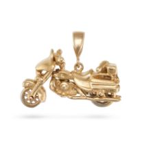 A GOLD MOTORBIKE CHARM PENDANT in 9ct yellow gold, designed as a motorbike with articulated wheel...