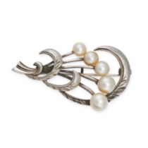 MIKIMOTO, A PEARL BROOCH in silver, designed as a foliate spray set with five pearls, signed Miki...