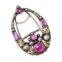 DORRIE NOSSITER, AN ARTS AND CRAFTS RUBY AND PEARL CLIP BROOCH in yellow gold and silver, designe...
