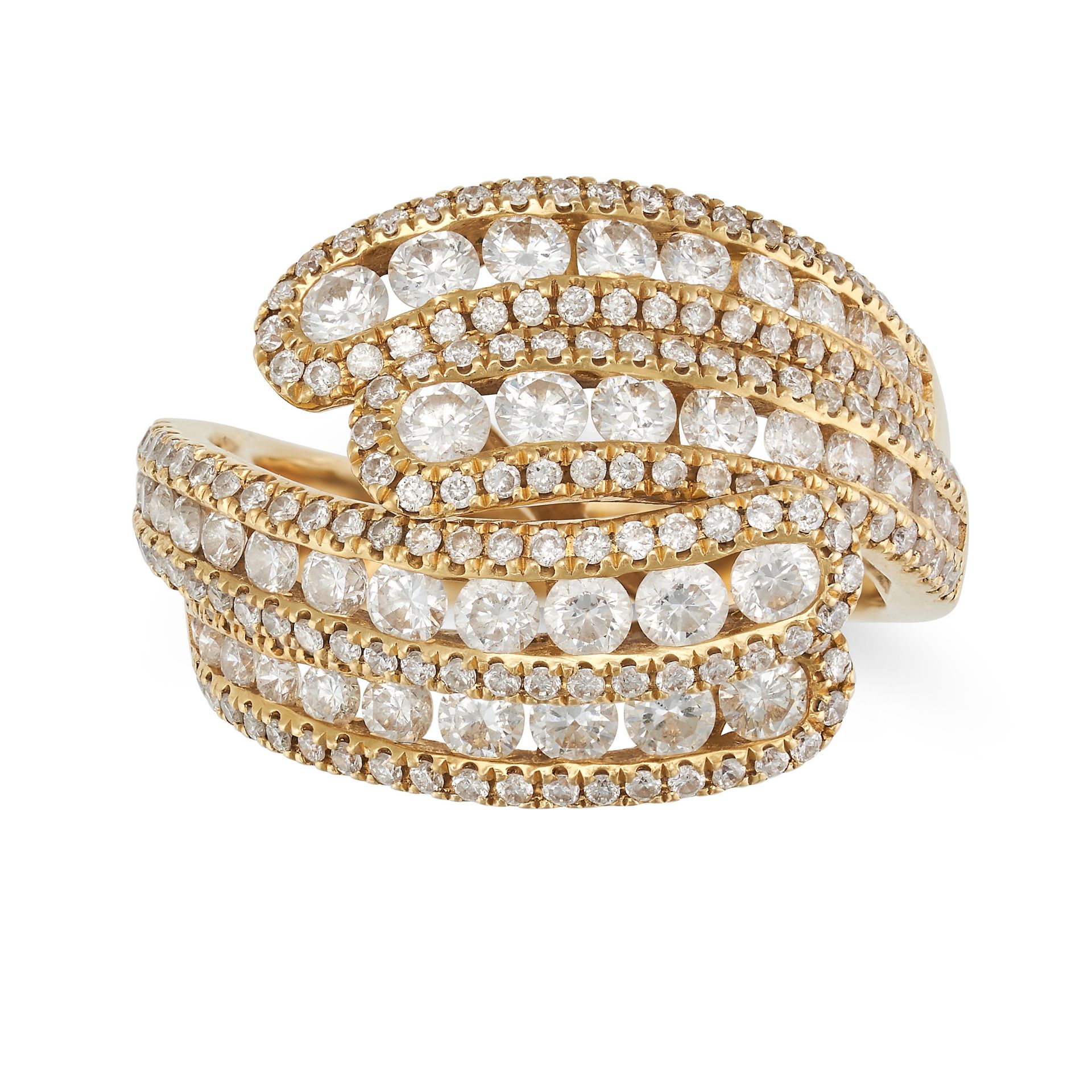 A DIAMOND DRESS RING in 18ct yellow gold, the stylised ring set throughout with round brilliant c...