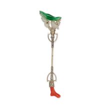 AN ART DECO JADEITE JADE, CORAL AND DIAMOND JABOT PIN BROOCH in white gold, set to one end with a...