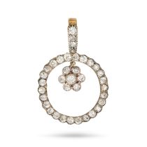 AN ANTIQUE DIAMOND PENDANT in yellow gold and silver, the pendant designed as an open circle susp...
