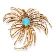 A VINTAGE TURQUOISE AND DIAMOND BROOCH in 18ct yellow gold, set with a cabochon turquoise in a bo...