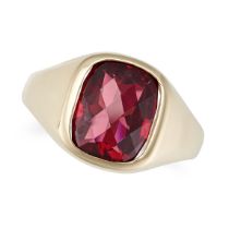 A PINK TOURMALINE GYPSY RING in 9ct yellow gold, set with a cushion shaped pink tourmaline of app...