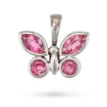 A PINK TOURMALINE BUTTERFLY PENDANT in 18ct white gold, designed as a butterfly set with round an...
