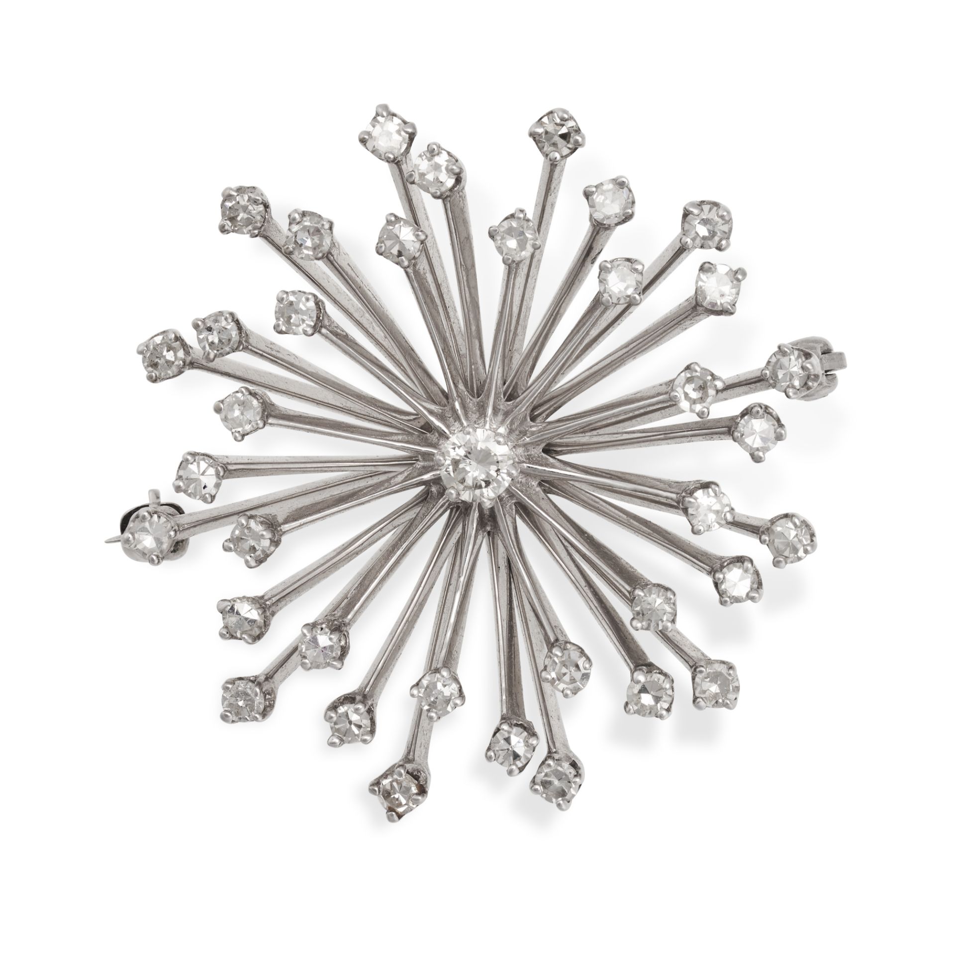 A VINTAGE DIAMOND SUNBURST BROOCH in white gold, set throughout with round brilliant and single c...