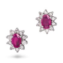 NO RESERVE - A PAIR OF SYNTHETIC RUBY AND WHITE GEMSTONE CLUSTER EARRINGS in white gold, each set...