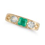 AN EMERALD AND AQUAMARINE RING in 18ct yellow gold, set with an octagonal step cut emerald of 0.8...
