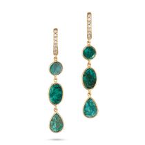 A PAIR OF BLUE DIAMOND SLICE EARRINGS in 14ct yellow gold, each comprising a row of round cut dia...