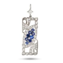 A SAPPHIRE AND DIAMOND PENDANT in white gold, comprising a princess cut diamond suspending an ope...