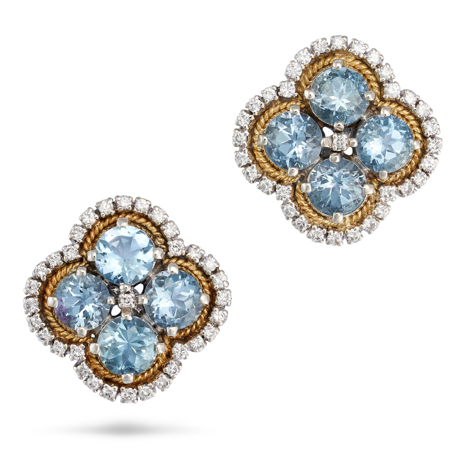 A PAIR OF AQUAMARINE AND DIAMOND CLUSTER EARRINGS in silver, set with a round cut diamond in a cl...