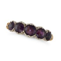 NO RESERVE - AN ANTIQUE AMETHYST FIVE STONE RING in 18ct yellow gold, set with five round cut ame...