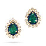 A PAIR OF EMERALD, ENAMEL AND DIAMOND EARRINGS in 18ct yellow gold, each set with a pear cut emer...