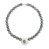 A BLACK PEARL AND DIAMOND NECKLACE in 18ct white gold, comprising a single row of black pearls, s...
