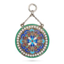 NO RESERVE - AN ANTIQUE RUSSIAN ENAMEL PENDANT in silver, the circular pendant decorated with var...