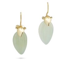 NO RESERVE - A PAIR OF PREHNITE DROP EARRINGS in gold plated silver, each comprising a flower mot...