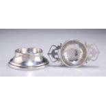 A GEORGE VI SILVER TEA STRAINER ON STAND