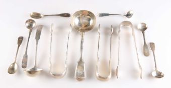 A MIXED GROUP OF SILVER LADLES, CONDIMENT SPOONS AND SUGAR TONGS, GEORGE III AND LATER