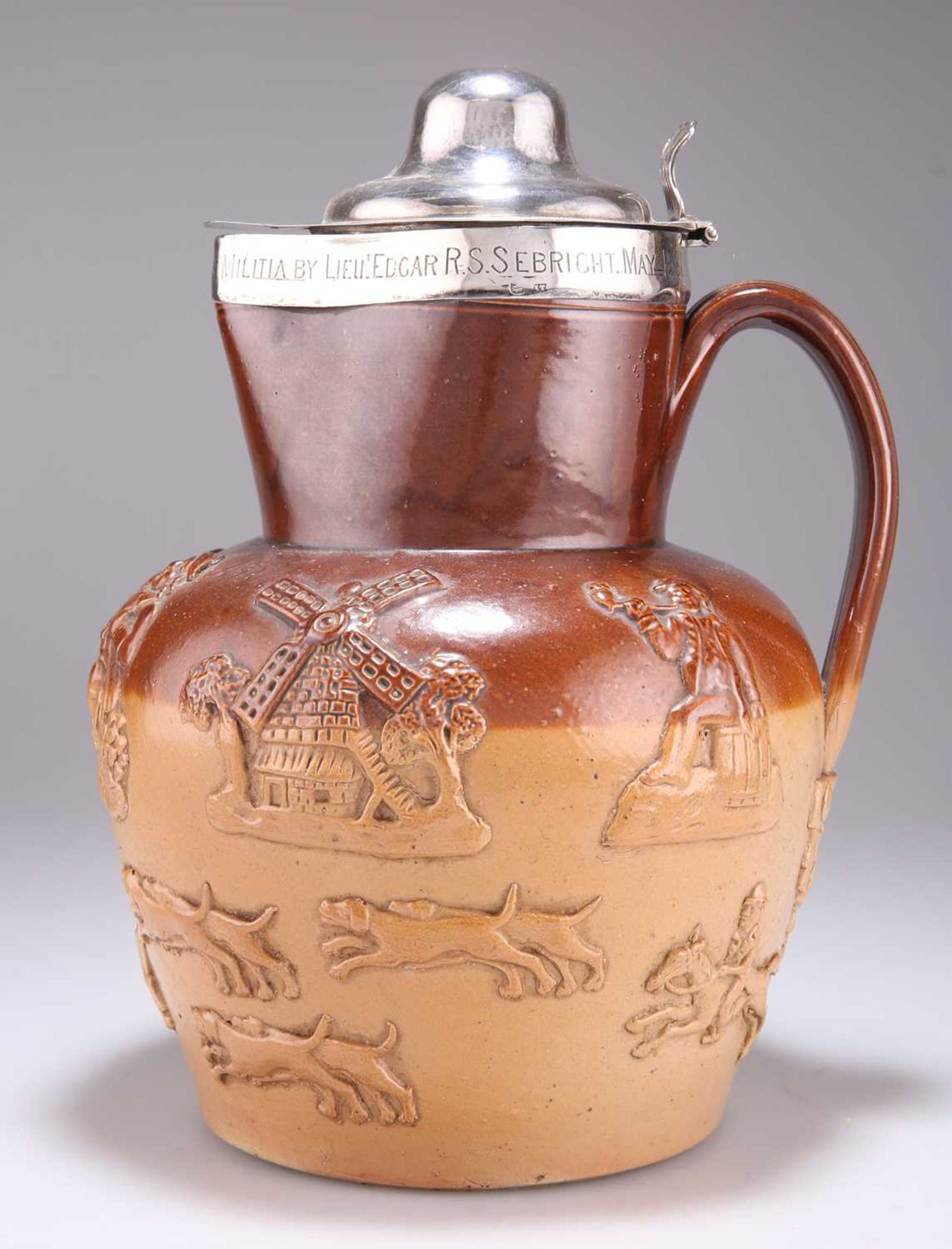 A GEORGE III SILVER-MOUNTED STONEWARE CIDER JUG