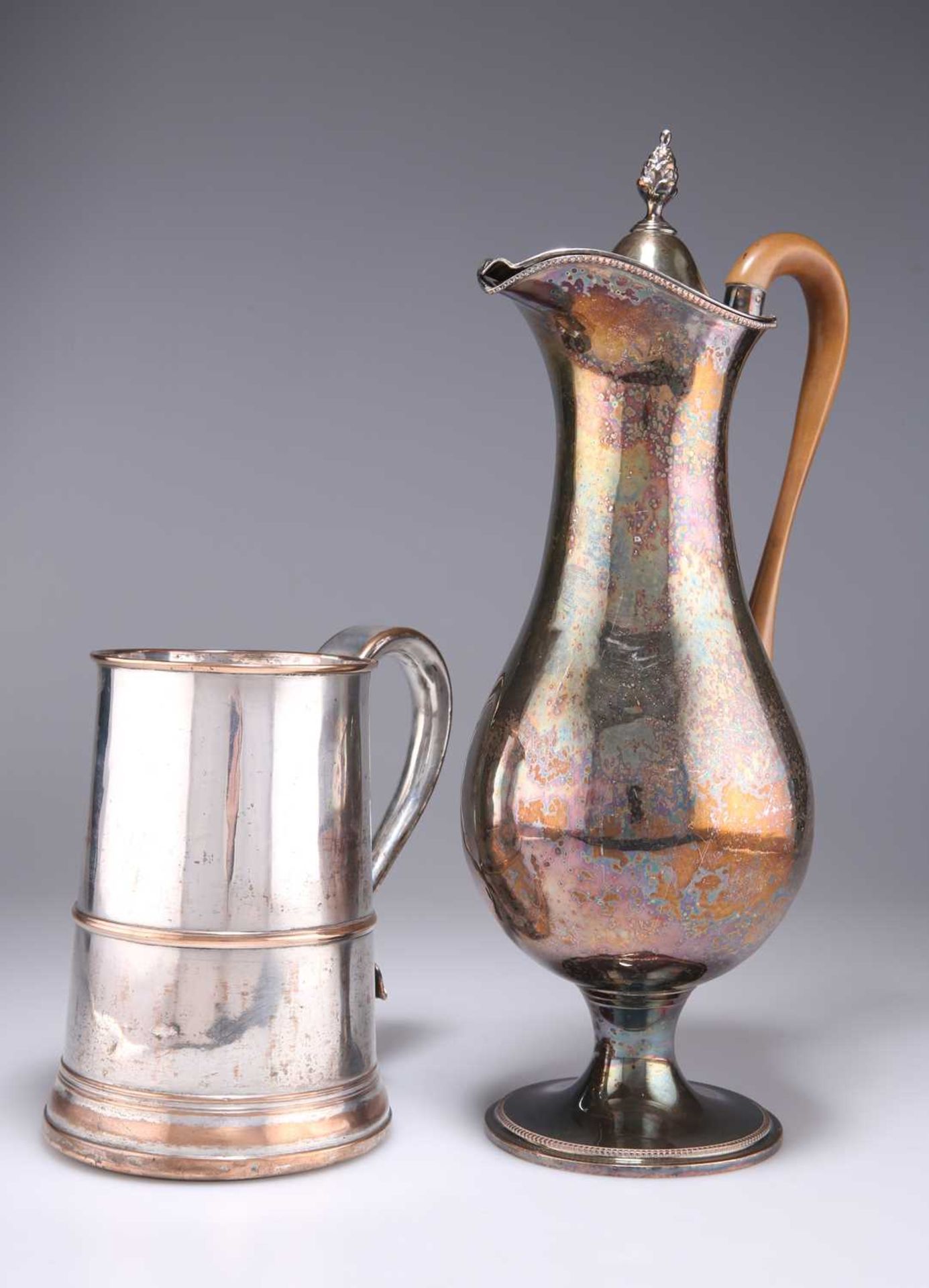 A GEORGE III OLD SHEFFIELD PLATE HOT WATER JUG AND A TANKARD - Image 2 of 2