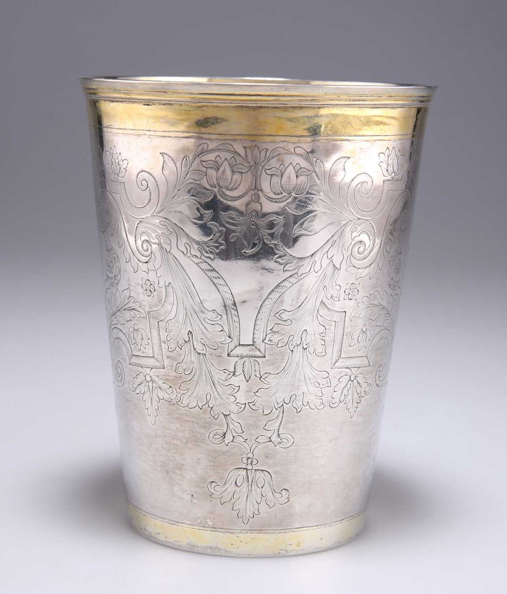 A LARGE 18TH CENTURY RUSSIAN PARCEL-GILT SILVER BEAKER