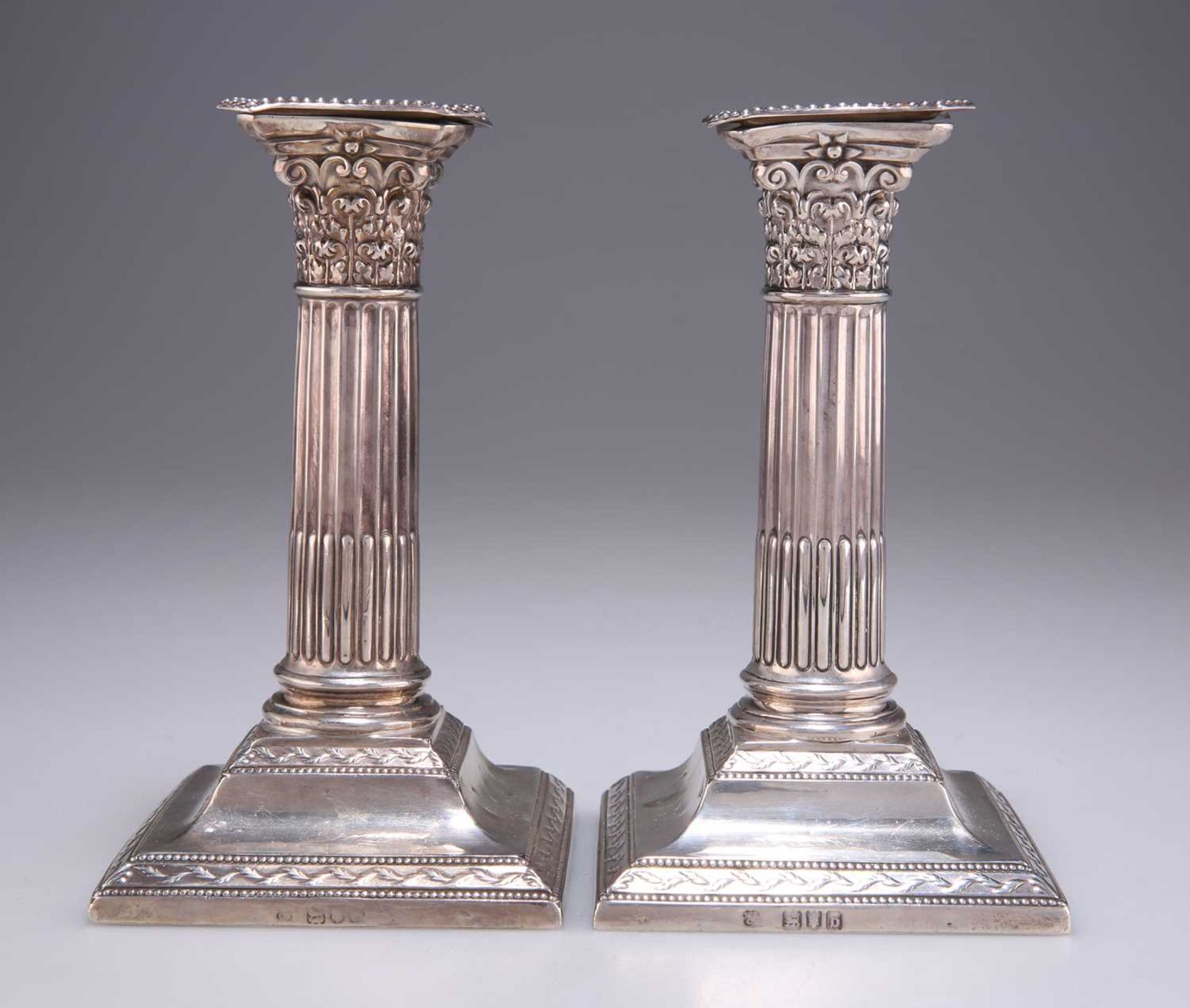 A PAIR OF LATE VICTORIAN SILVER CORINTHIAN COLUMN CANDLESTICKS - Image 3 of 3