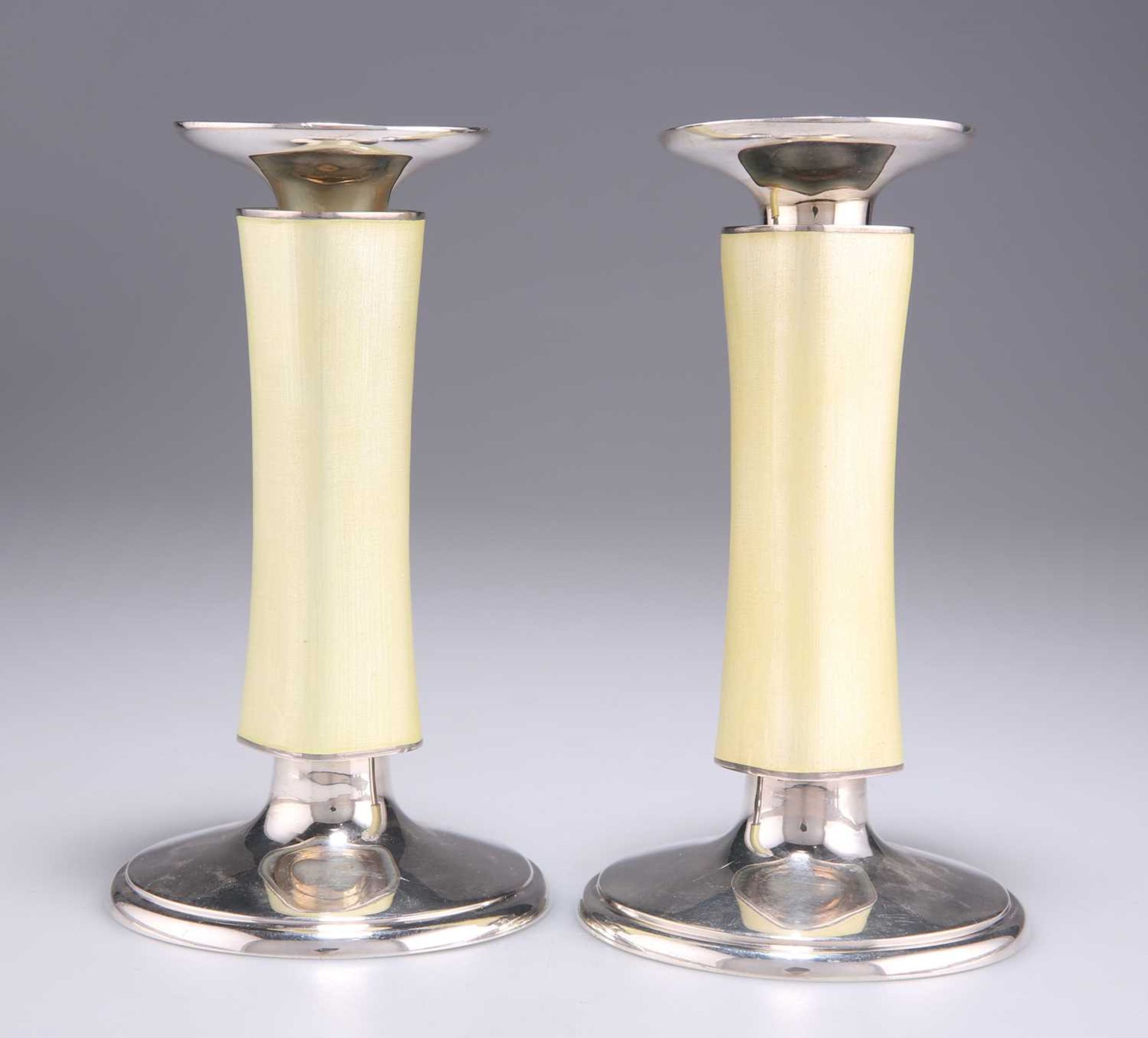 A PAIR OF SWISS STERLING SILVER AND ENAMEL CANDLESTICKS - Image 2 of 3