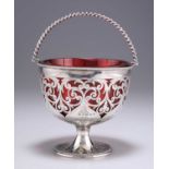 A VICTORIAN SILVER AND RUBY GLASS SUGAR BASKET